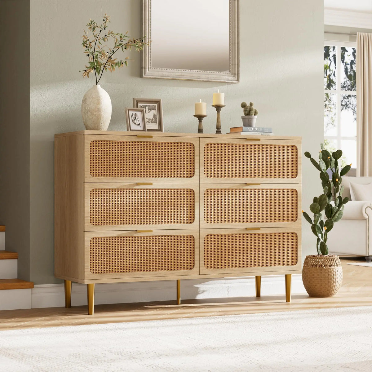 6-Drawer Rattan Dresser, Natural Hand-Woven Rattan & Wood Large Storage Dresser
