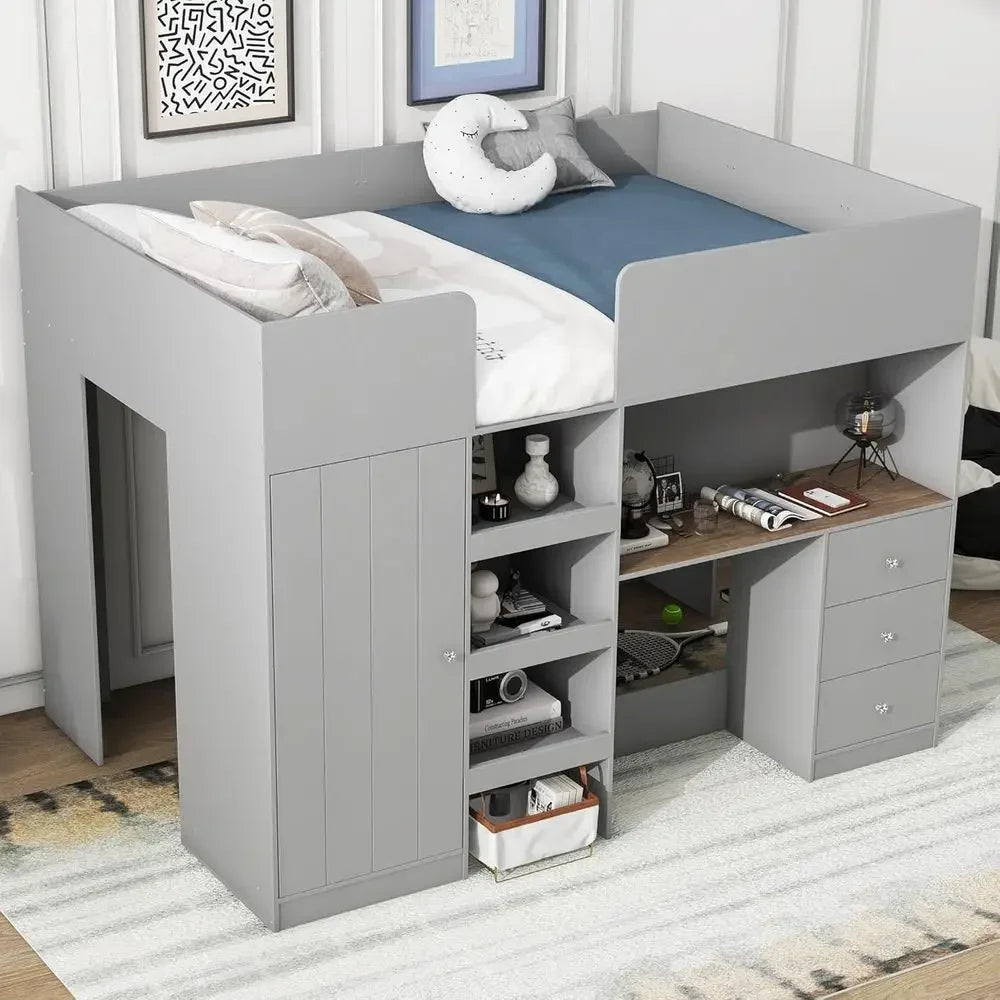 Full-Size Multi-Function Loft Bed with Integrated Wardrobe, Desk, and Storage for Kids