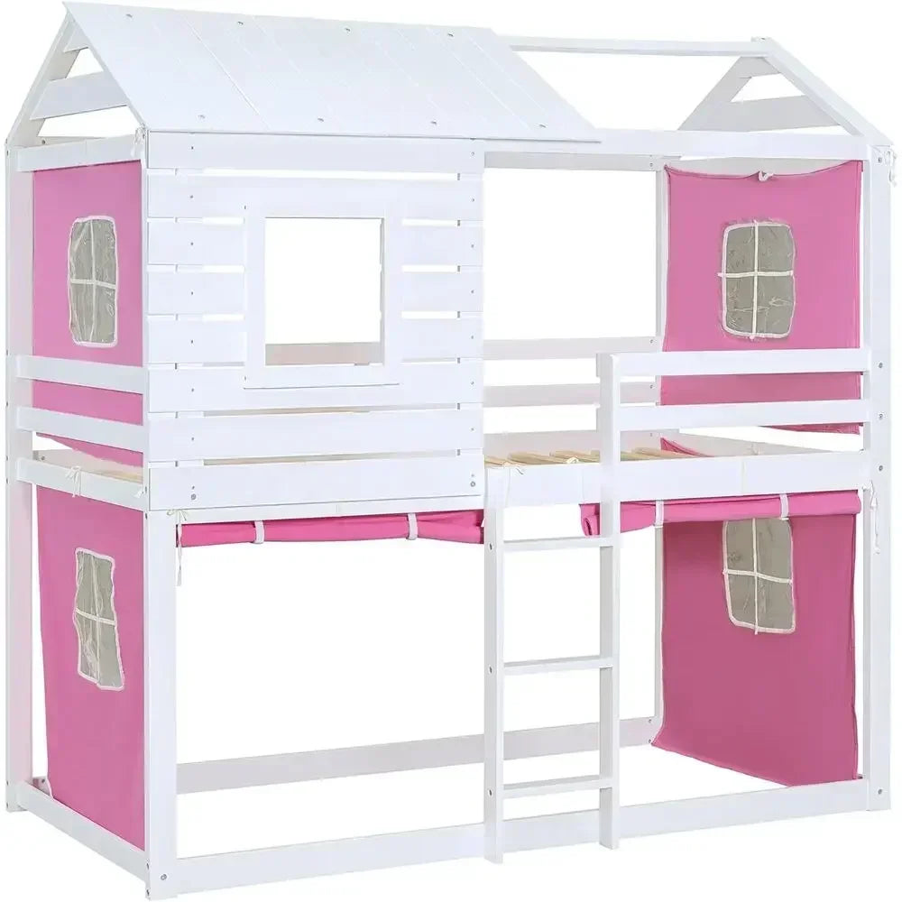 Twin Size Bunk Bed with Tent and Windows,