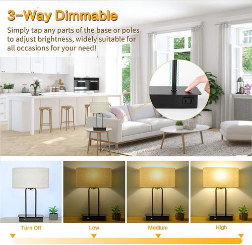 3-Way Dimmable Touch Table Lamp with 2 USB Ports and AC Outlet,