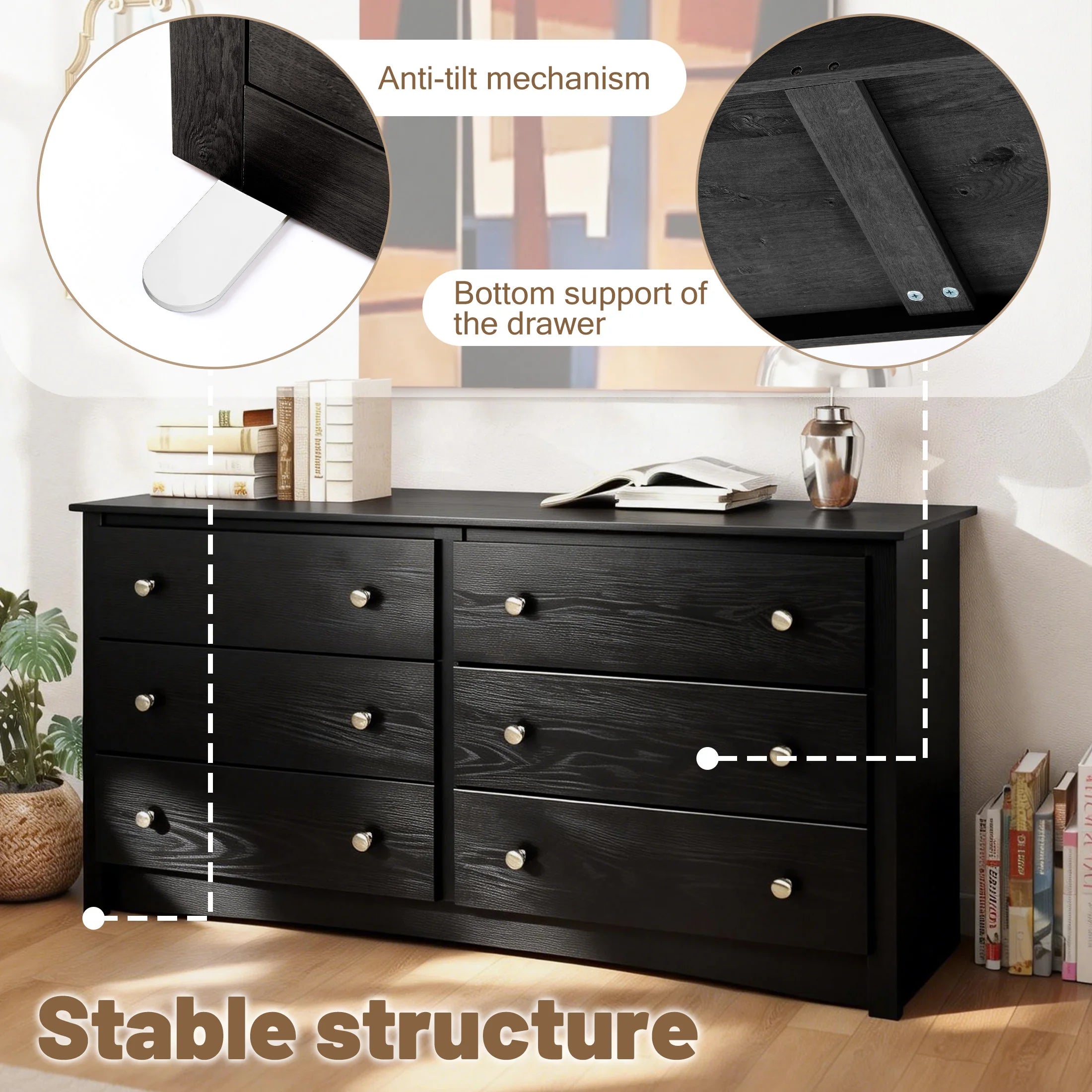 Wood 6 Dresser Drawers Cabinet