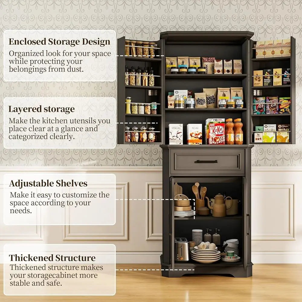 72-inch Tall Freestanding Wood Kitchen Pantry Cabinet with 4 Doors, Hutch, Spice Racks, and Adjustable Shelves for Kitchen and D