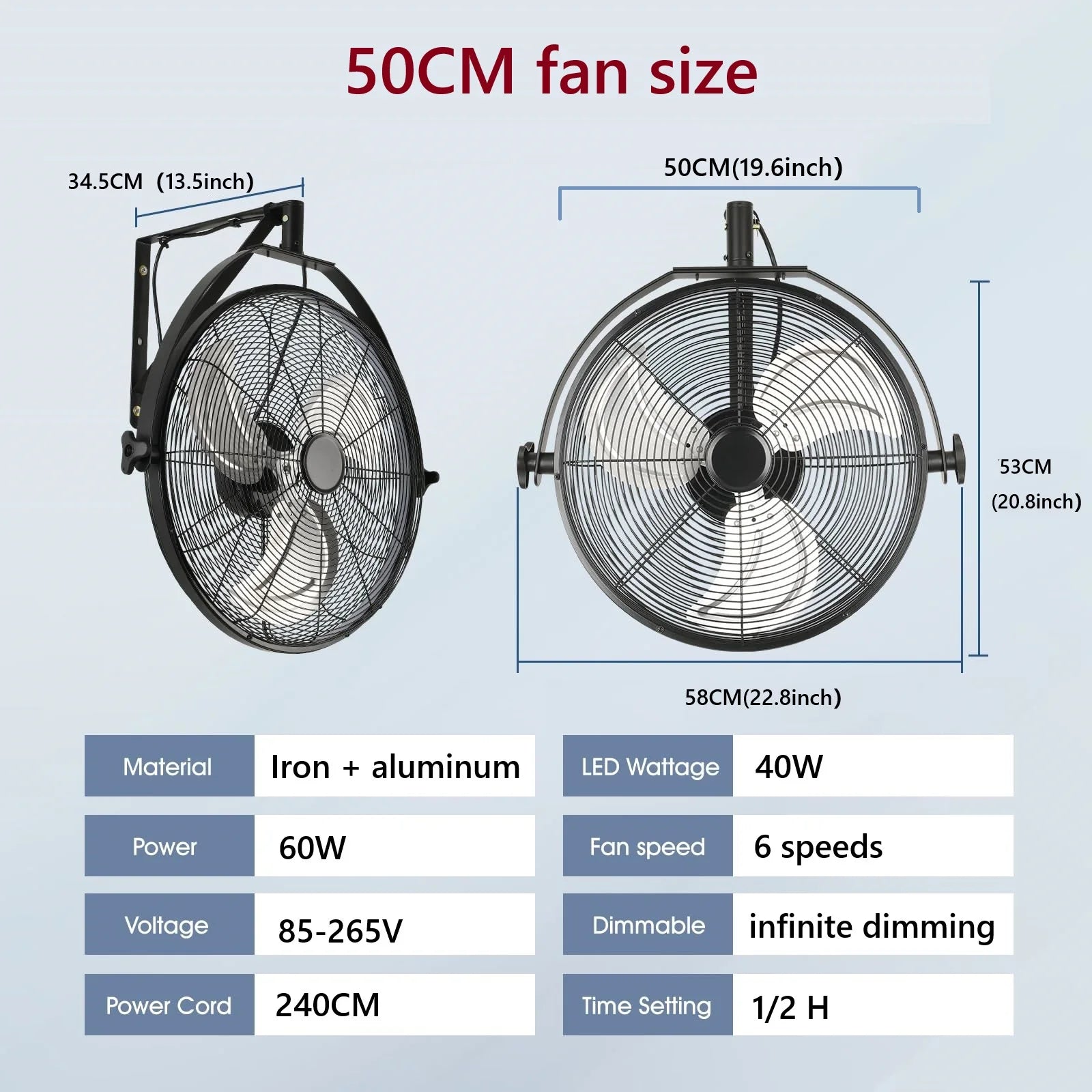 Large Fan 20-Inch Ceiling Lamp Fan Industrial Commercial Use Electric Fan Black Wall Fan Strong Wind House Metal Mounted Fan