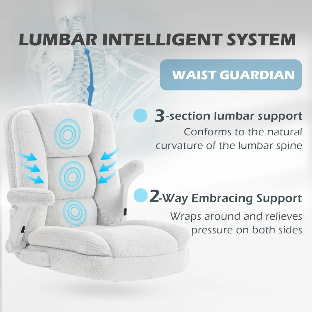 White Plush Office Chair Ergonomic Desk Chair with Lumbar Support, Flip-Up Arms, Adjustable Swivel Computer Chair with Wheels, Soft Fleece Cute Office Chair for Home Bedroom Vanity