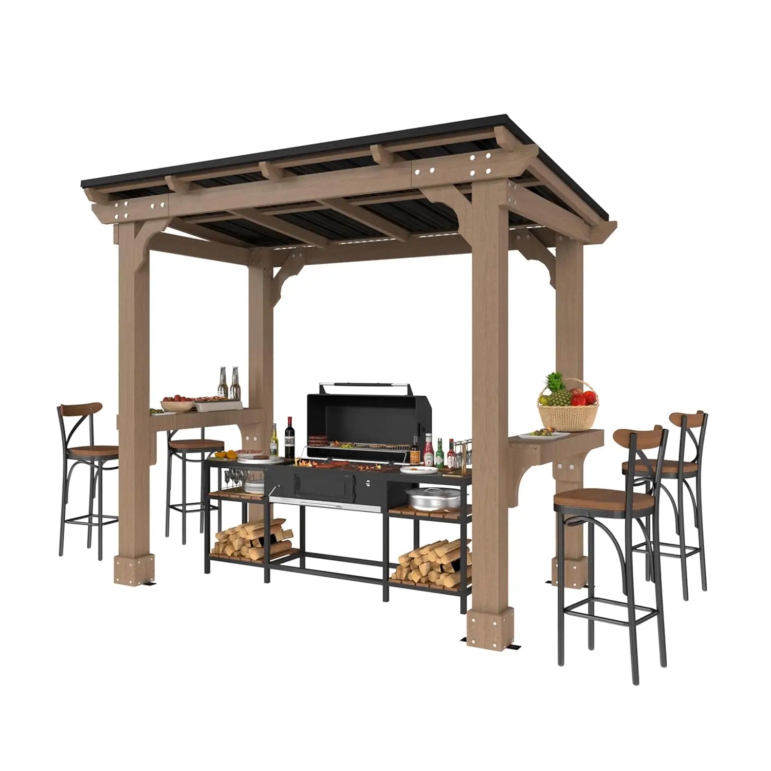 8x5ft Wooden Grill Gazebo Hard Top Metal Roof