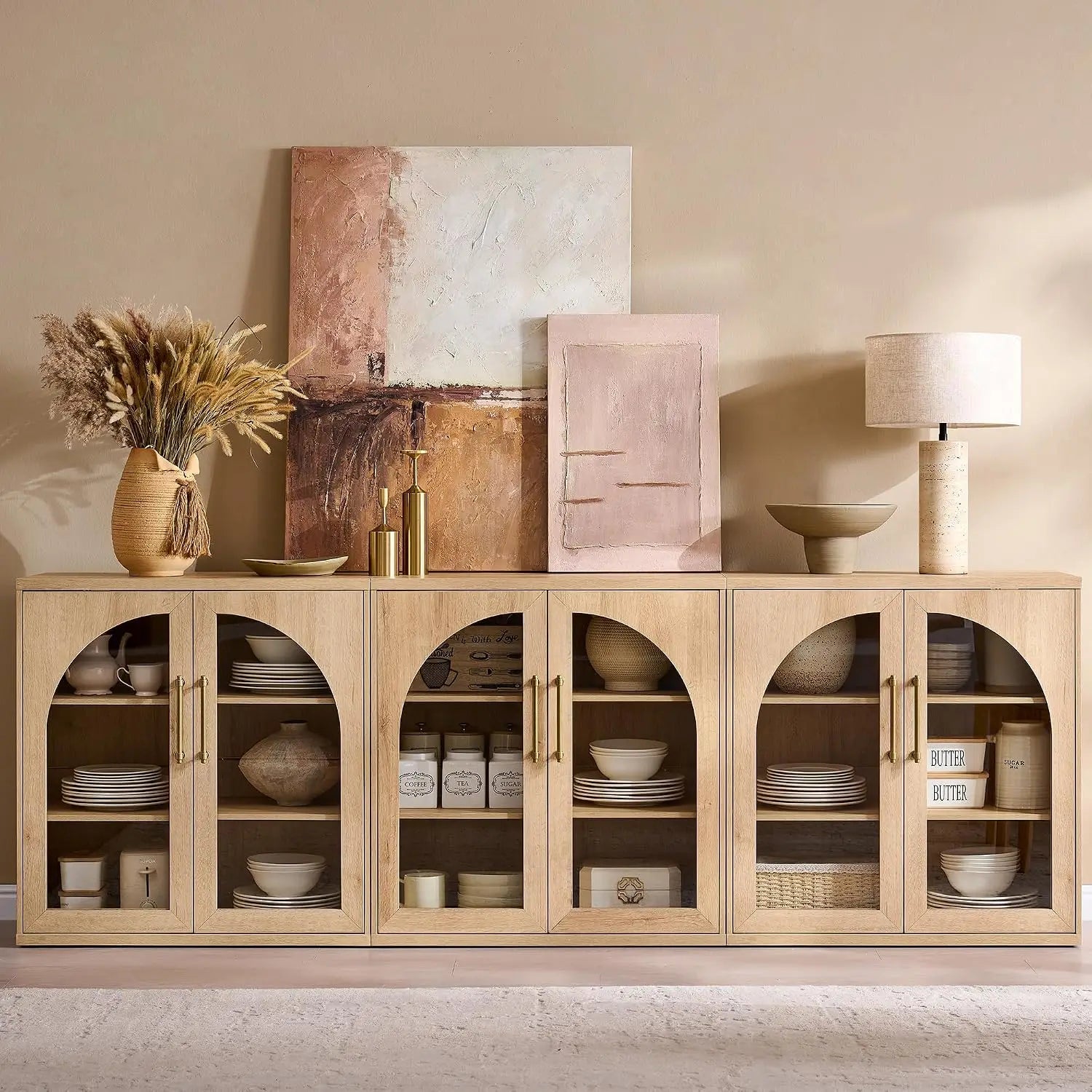 Fluted Arched Door Sideboard Set of 3, Accent Cabinet with Adjustable Shelf, Wood Storage for Dining & Living Room, Customized