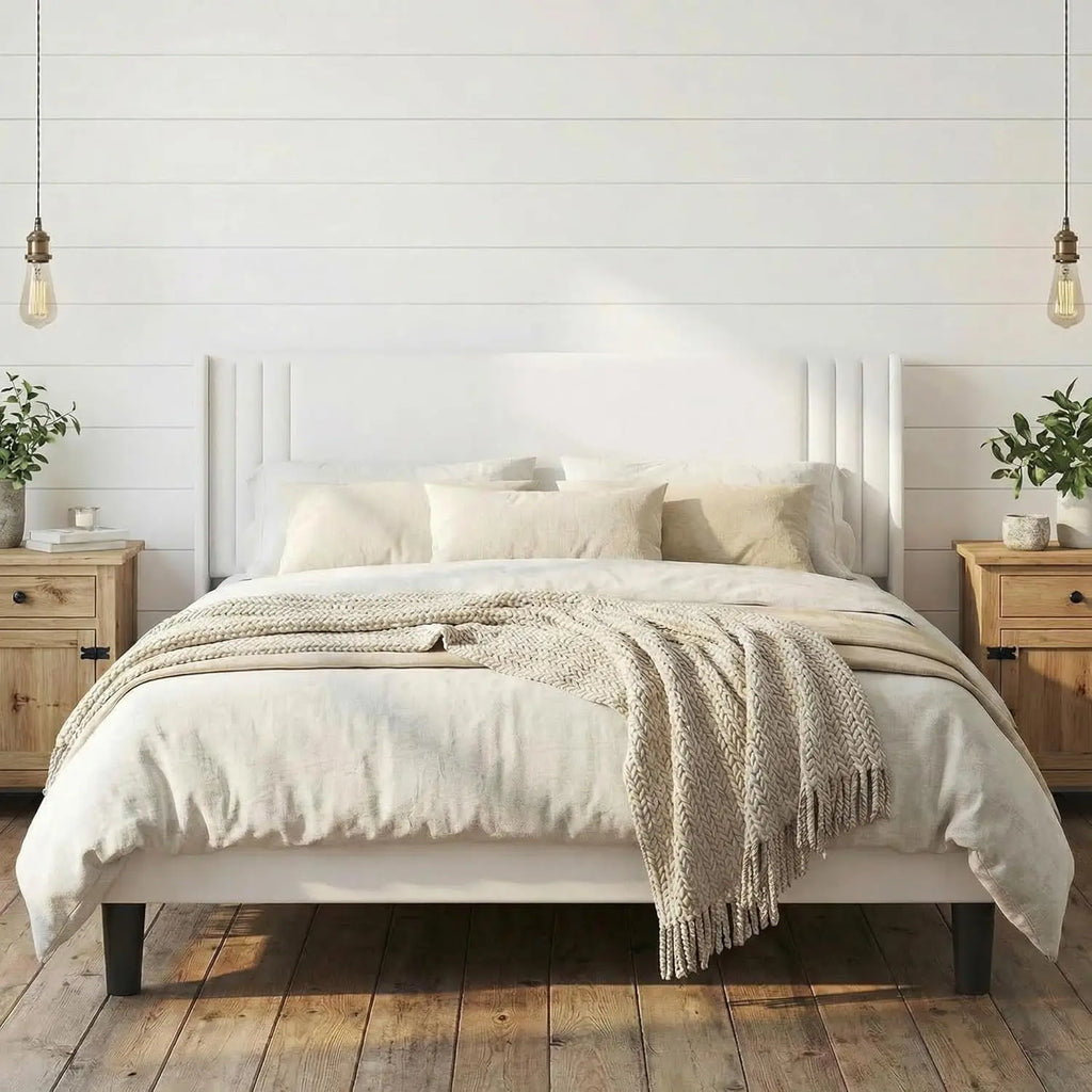 Queen Bed Frame with Wingback Headboard, Upholstered Platform Bed, Wooden Slats, Noise-Free, No Box Spring Needed,, Customized