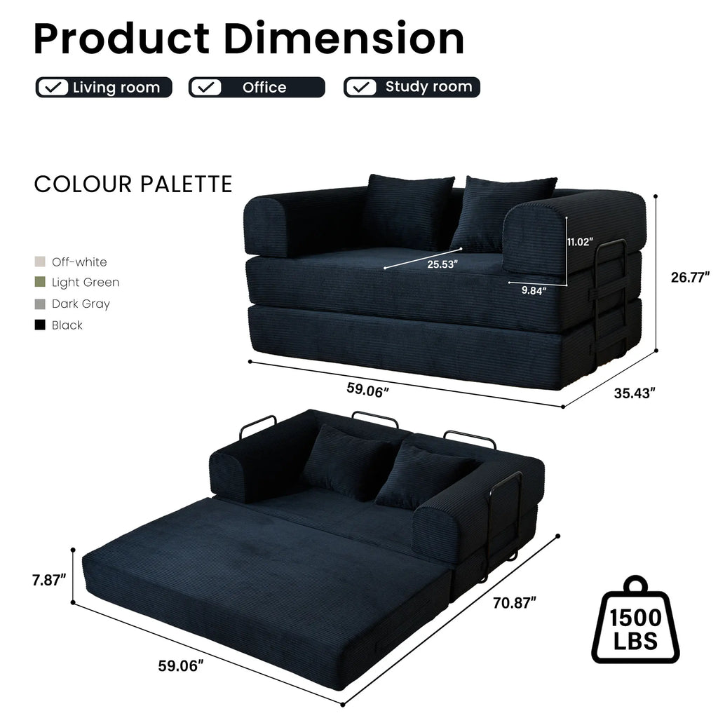 59" Boneless Folding Convertible Sofa Bed, Small 2-Seater Corduroy Futon Floor Couch