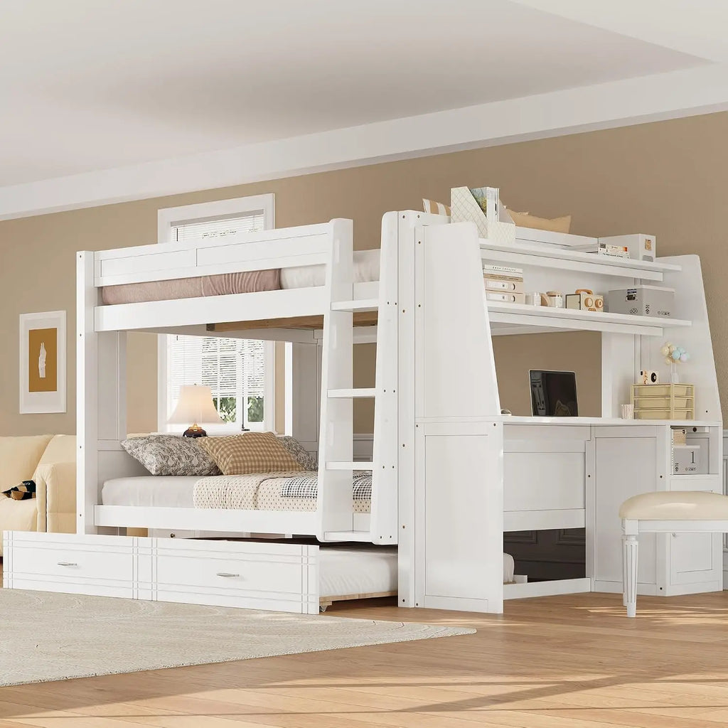 Full Size Gaming Bunk Bed with Desk, LED Lights & Trundle