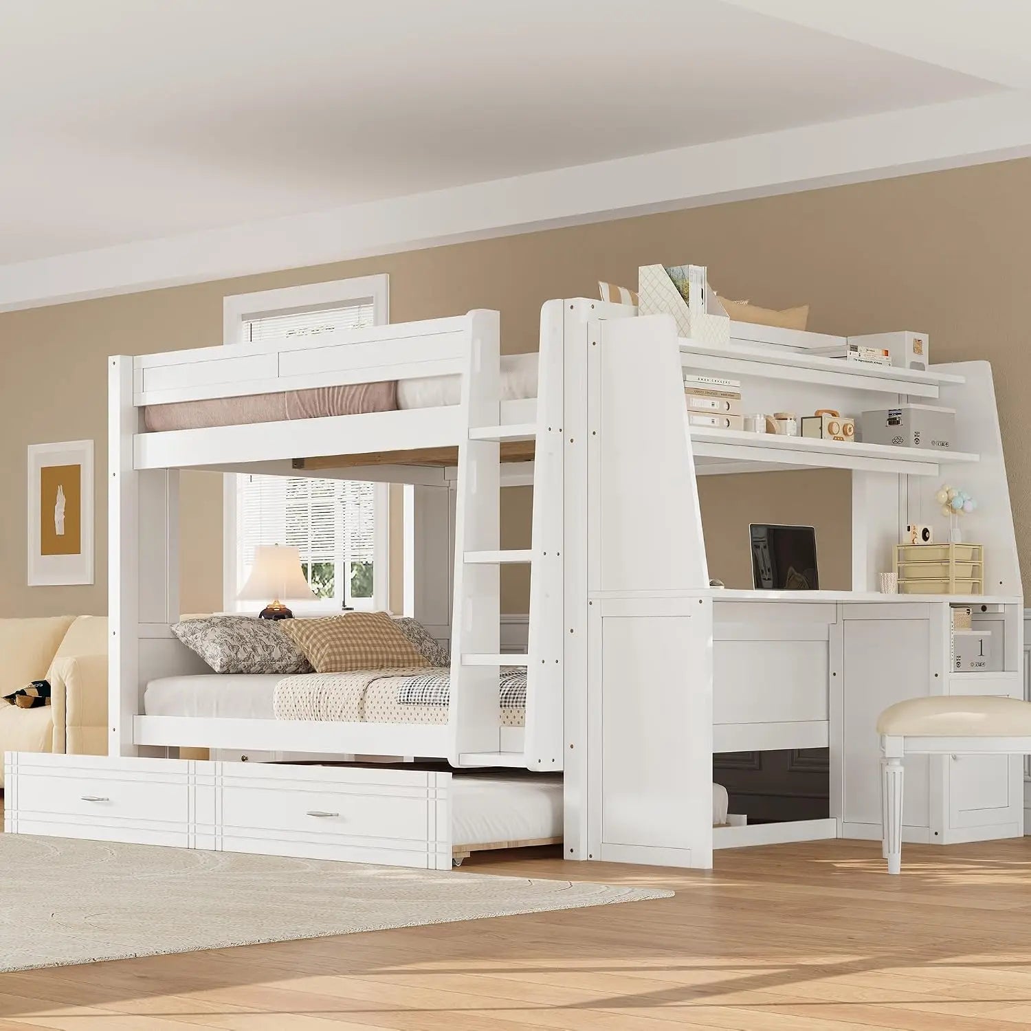 Full Size Gaming Bunk Bed with Desk, LED Lights & Trundle