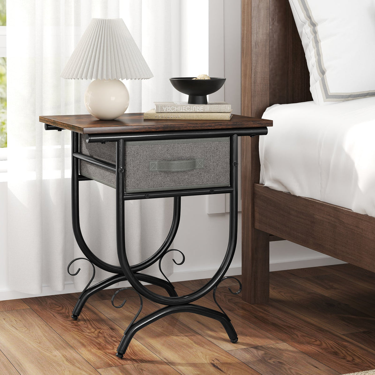 Side Table with Fabric Drawer and Carved Metal Frame