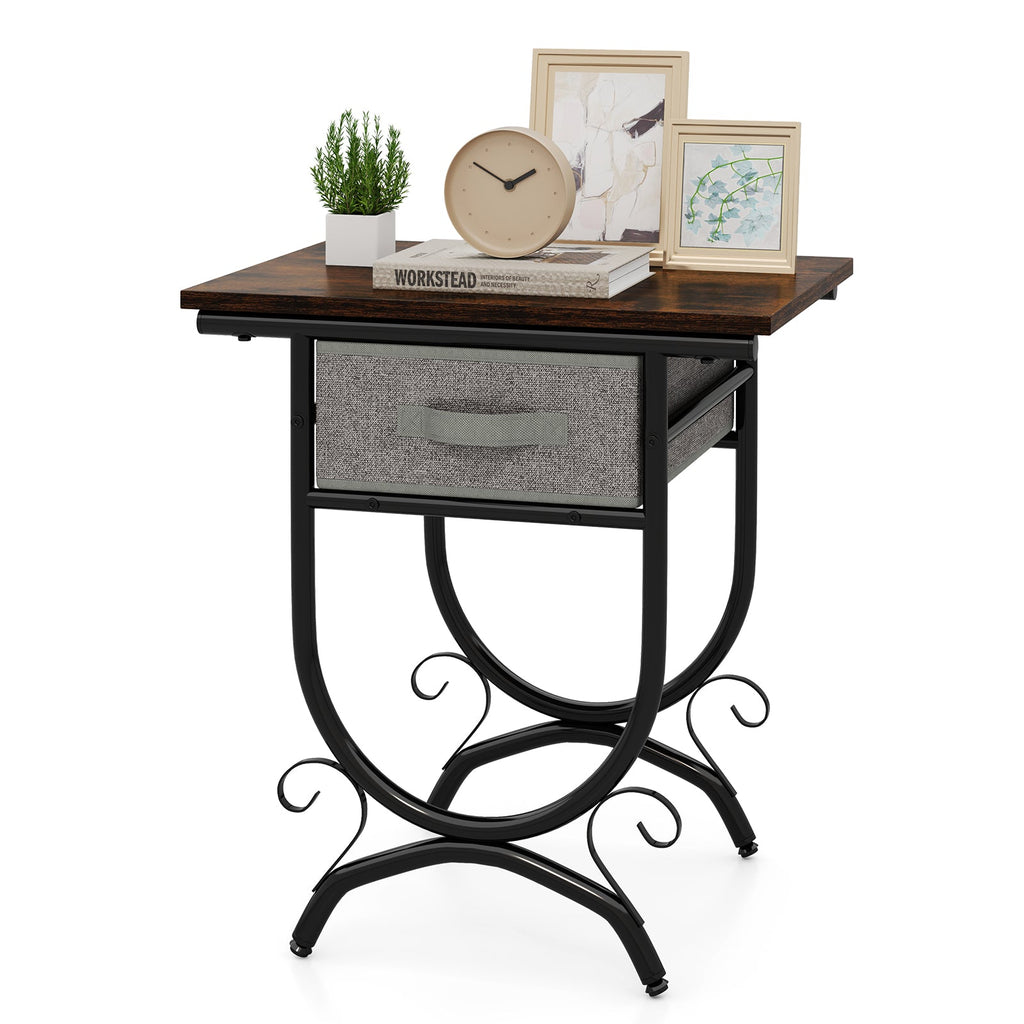 Side Table with Fabric Drawer and Carved Metal Frame