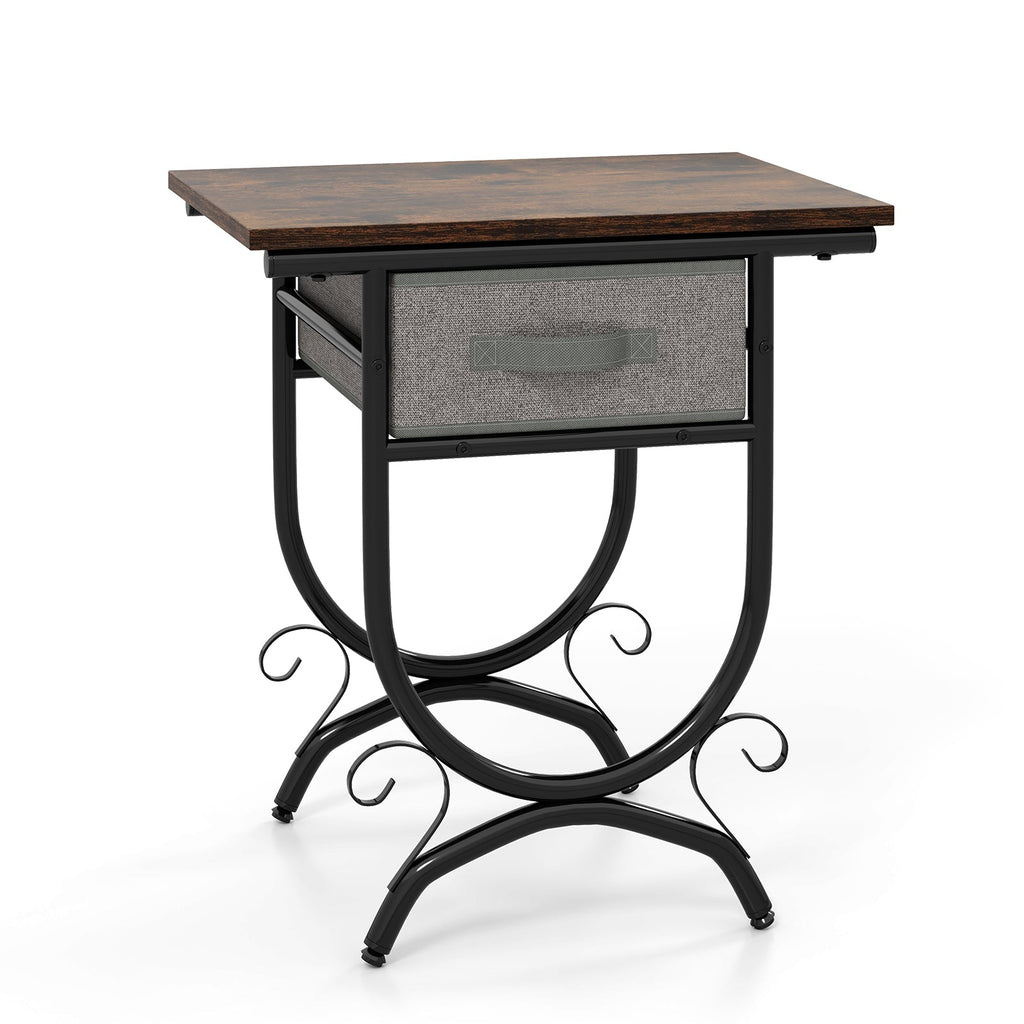 Side Table with Fabric Drawer and Carved Metal Frame