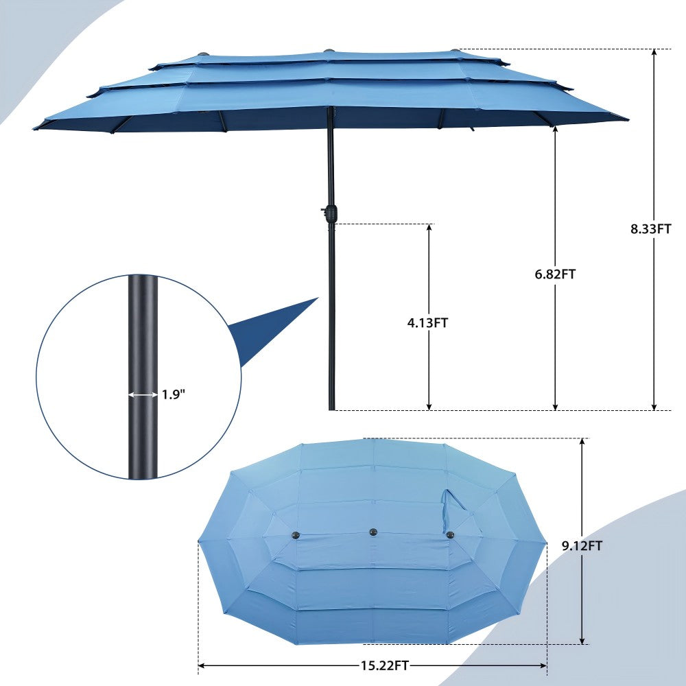 15ft Large Patio Umbrella, 3-Tiers Outdoor Double-Sided Rectangle