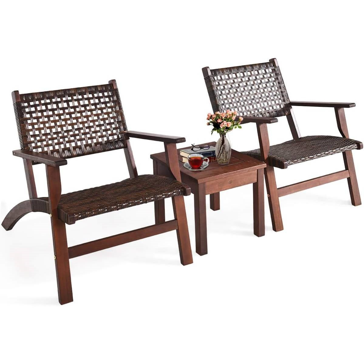 Solid Wood and Rattan 3-Piece Patio Furniture Table Chairs Set