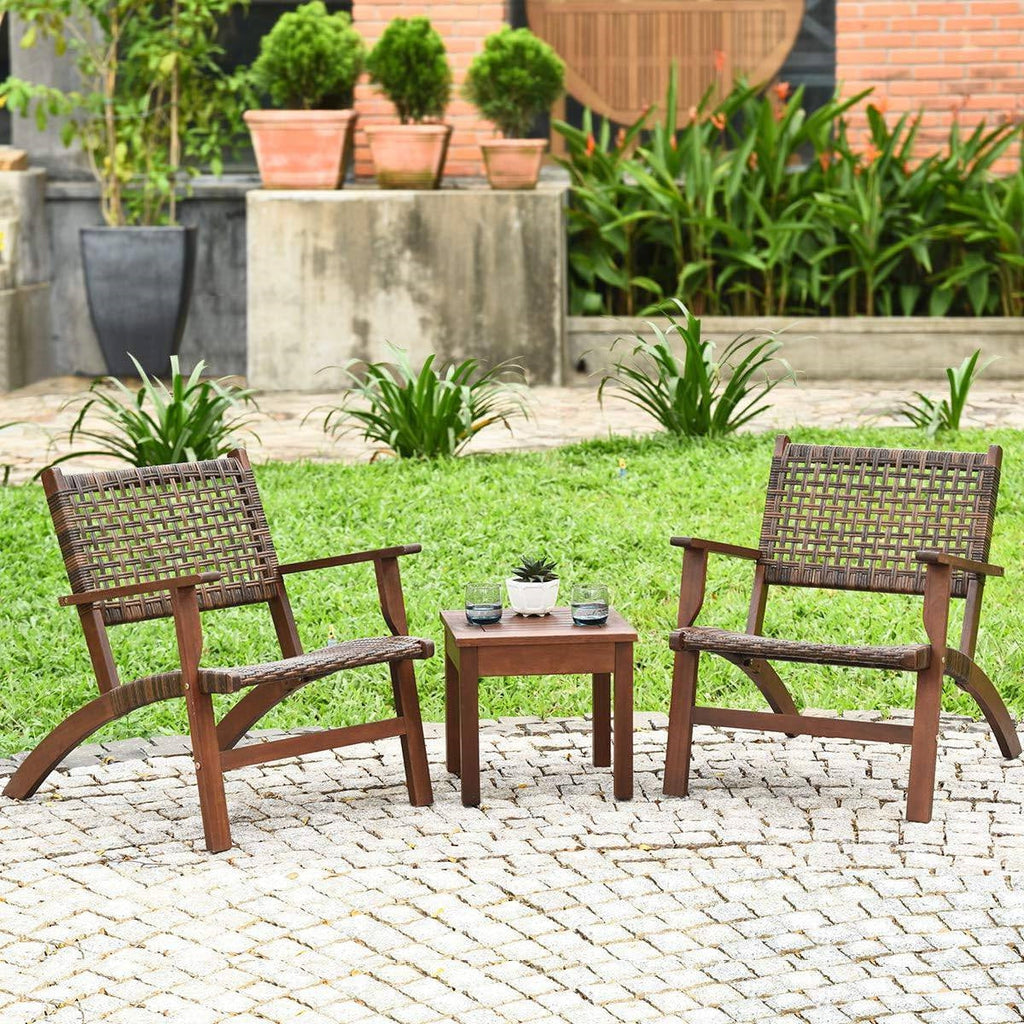 Solid Wood and Rattan 3-Piece Patio Furniture Table Chairs Set