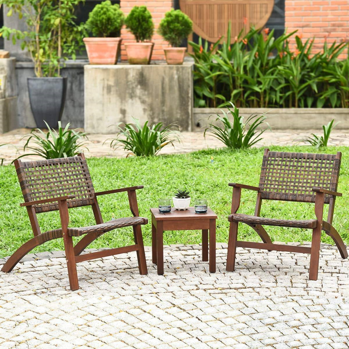 Solid Wood and Rattan 3-Piece Patio Furniture Table Chairs Set