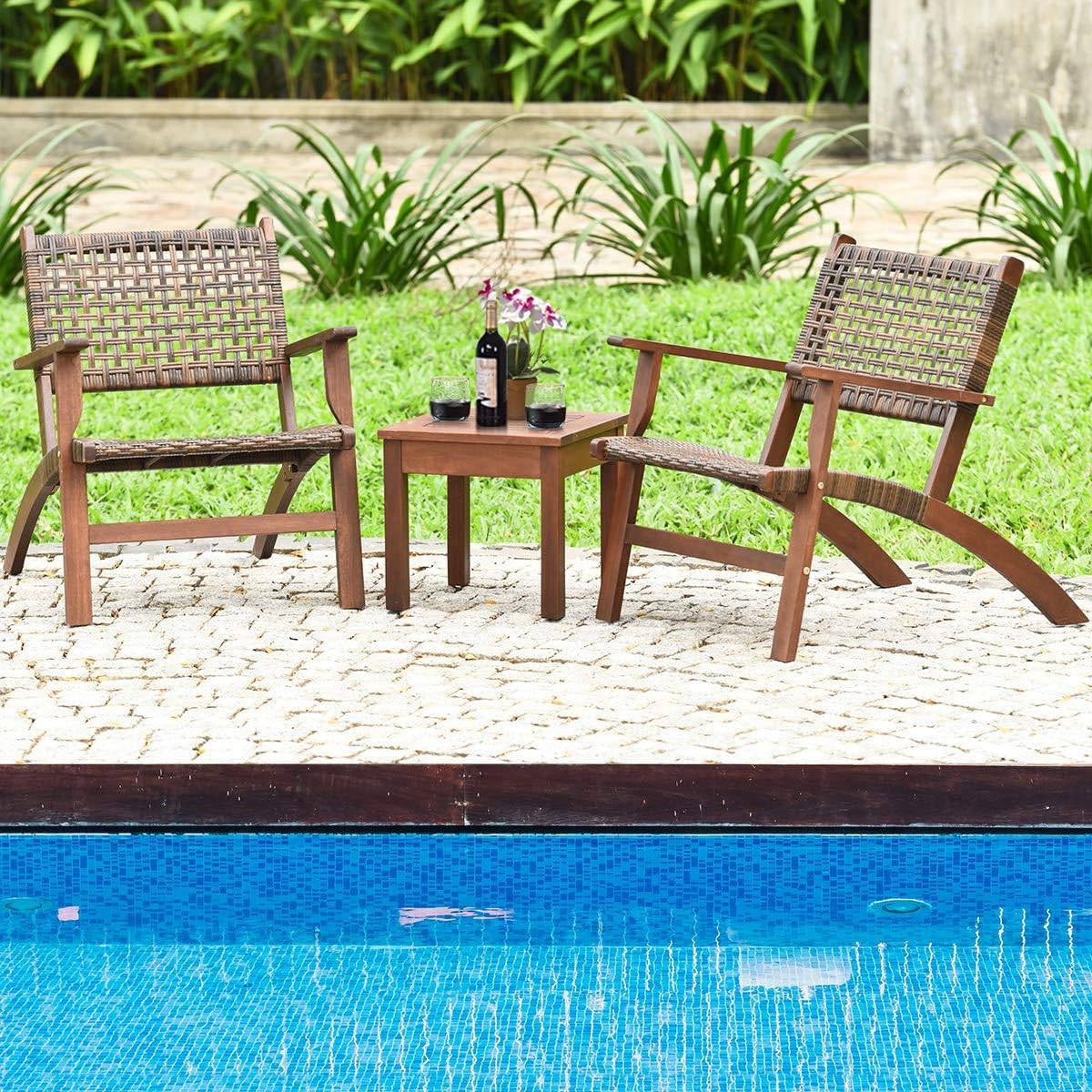 Solid Wood and Rattan 3-Piece Patio Furniture Table Chairs Set