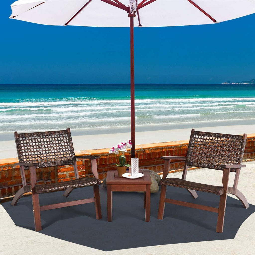 Solid Wood and Rattan 3-Piece Patio Furniture Table Chairs Set
