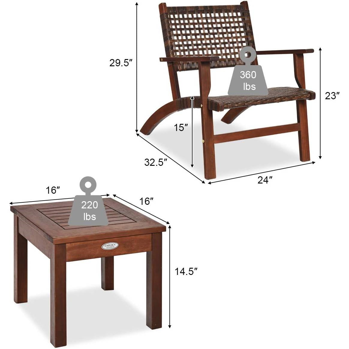 Solid Wood and Rattan 3-Piece Patio Furniture Table Chairs Set