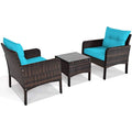 3-Piece Brown Rattan Patio Dining Set w/ Turquoise Cushions