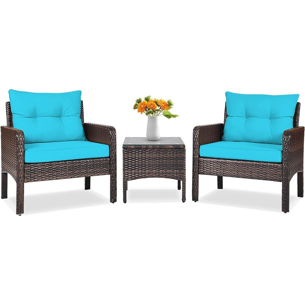 3-Piece Brown Rattan Patio Dining Set w/ Turquoise Cushions