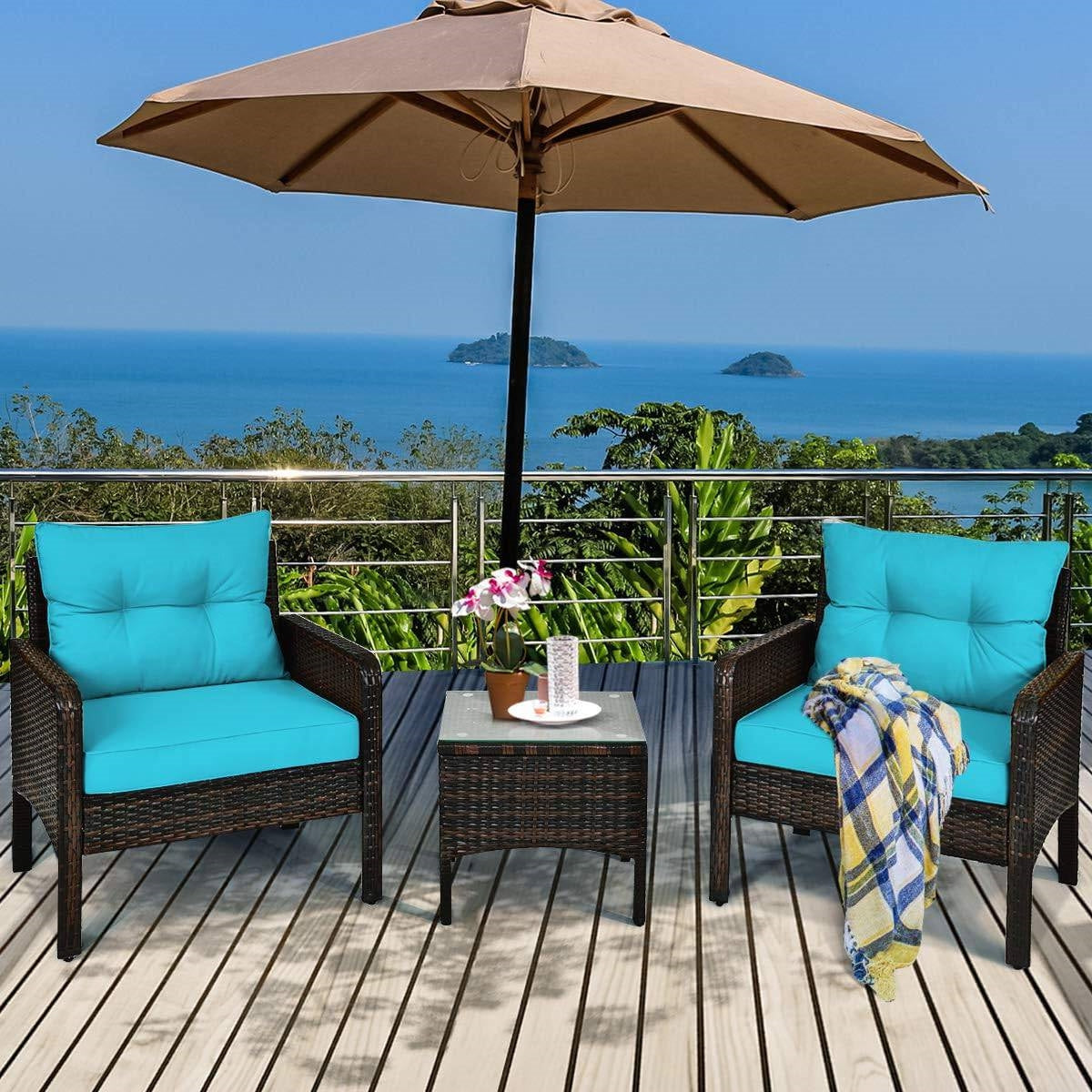3-Piece Brown Rattan Patio Dining Set w/ Turquoise Cushions