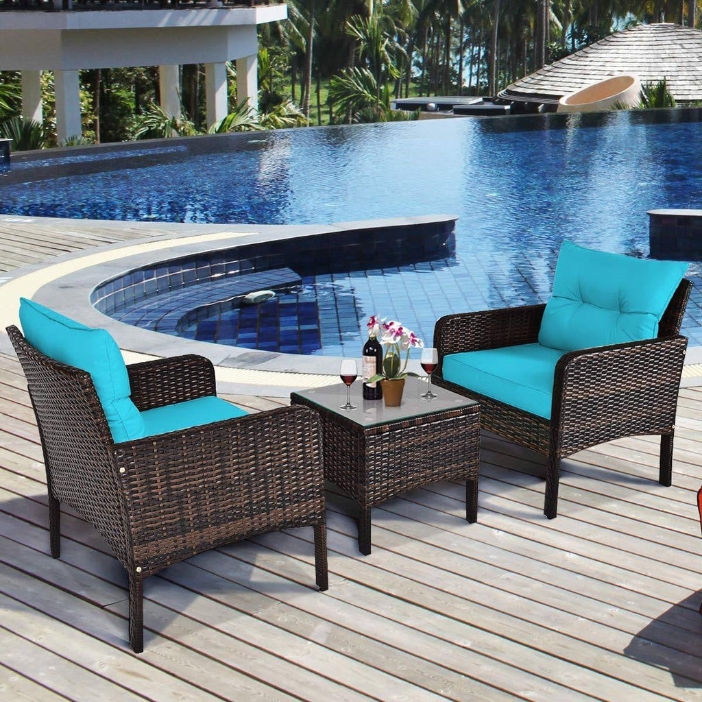 3-Piece Brown Rattan Patio Dining Set w/ Turquoise Cushions