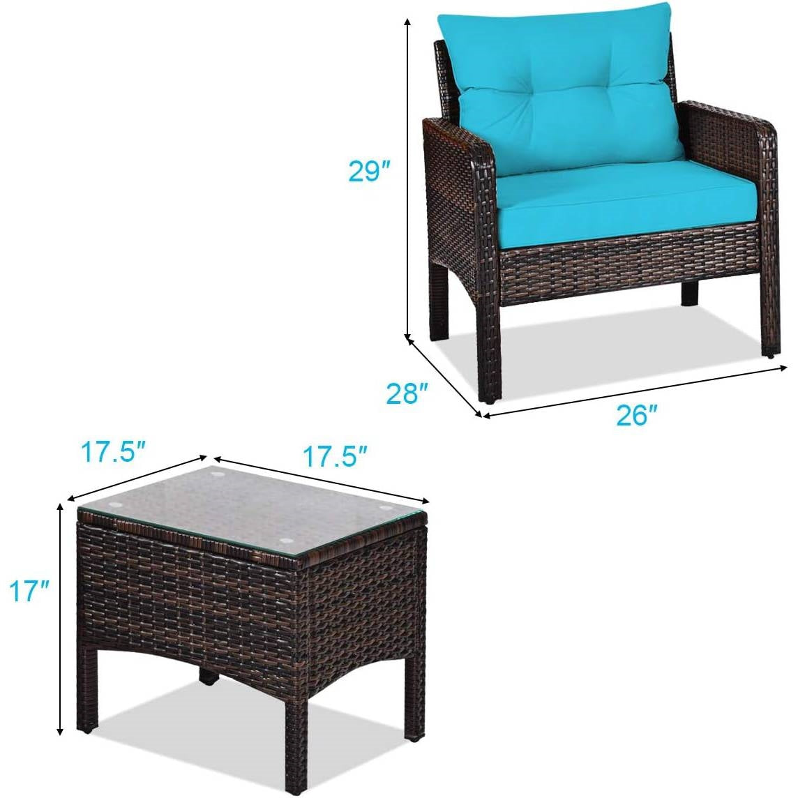 3-Piece Brown Rattan Patio Dining Set w/ Turquoise Cushions