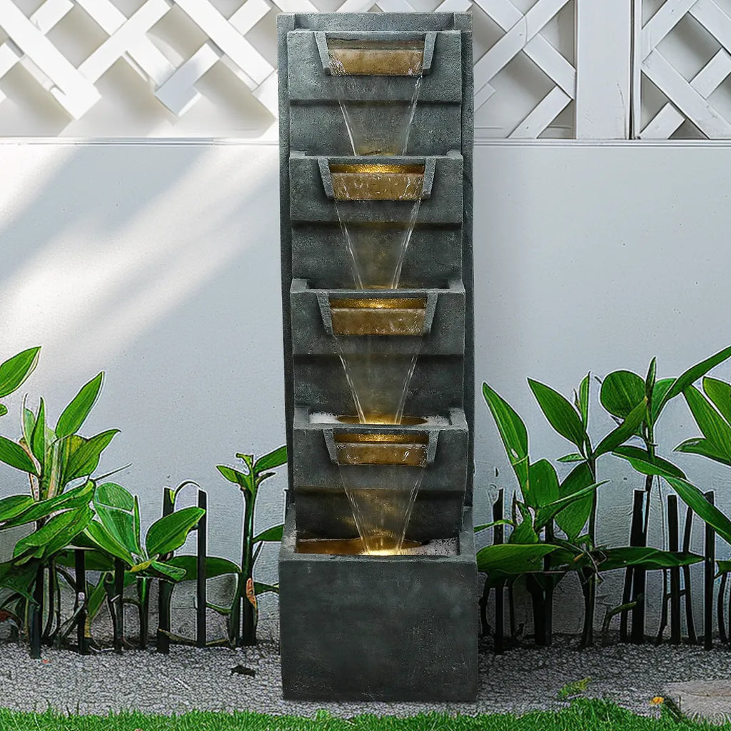 Resin Geometric Outdoor Wall Fountain 39 Inch LED