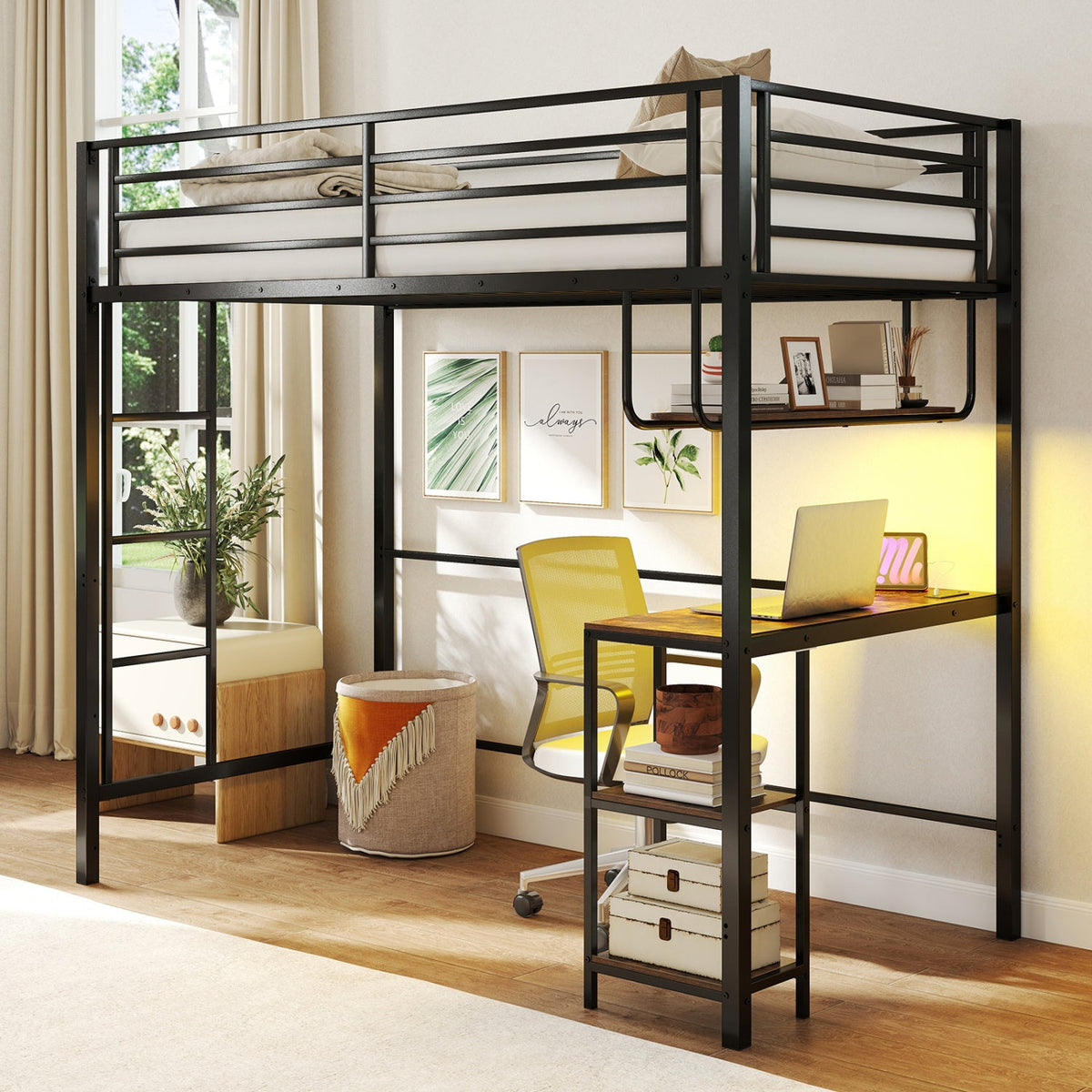 Twin Loft Bed with Desk LED Lights Charging Station Heavy-duty Metal Bed Frame