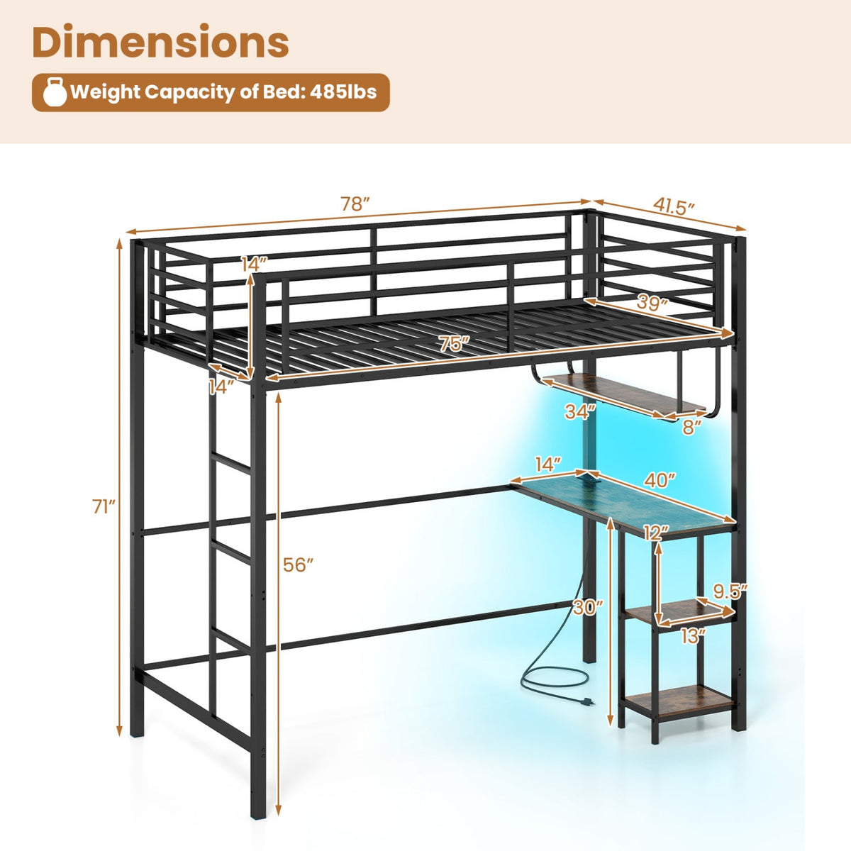 Twin Loft Bed with Desk LED Lights Charging Station Heavy-duty Metal Bed Frame