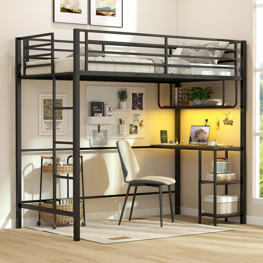 Twin Loft Bed with Desk LED Lights Charging Station Heavy-duty Metal Bed Frame