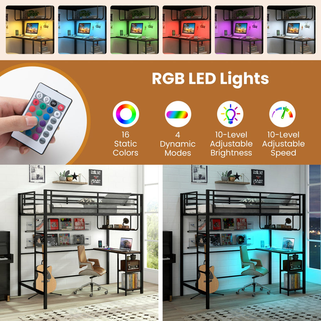 Twin Loft Bed with Desk LED Lights Charging Station Heavy-duty Metal Bed Frame
