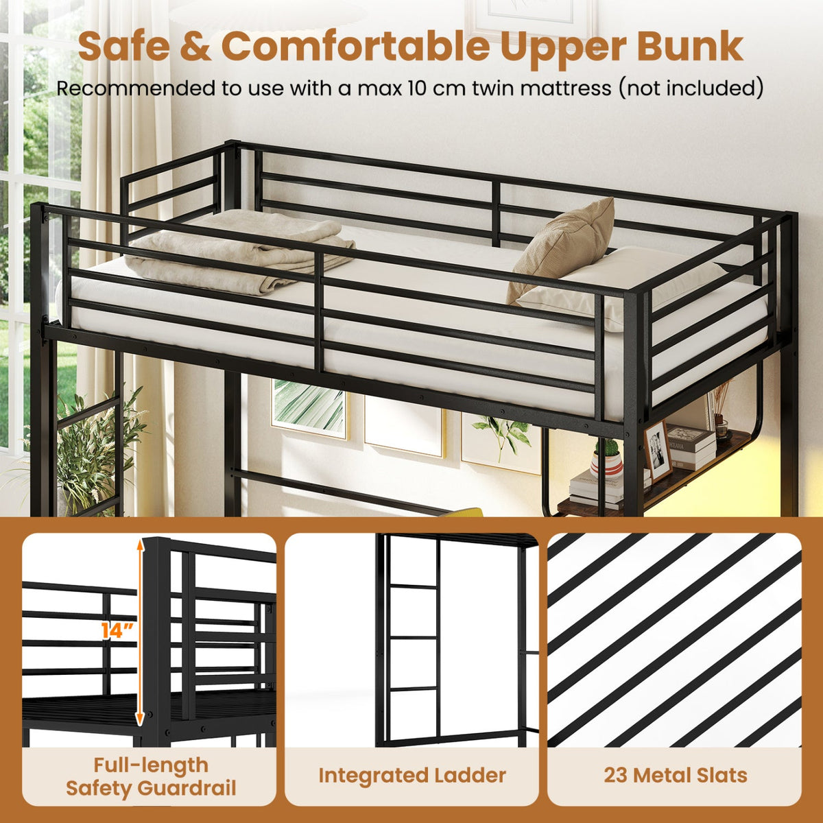 Twin Loft Bed with Desk LED Lights Charging Station Heavy-duty Metal Bed Frame