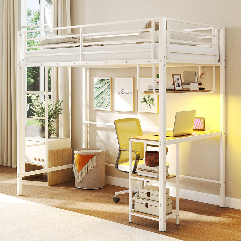 Twin Loft Bed with Desk LED Lights Charging Station Heavy-duty Metal Bed Frame