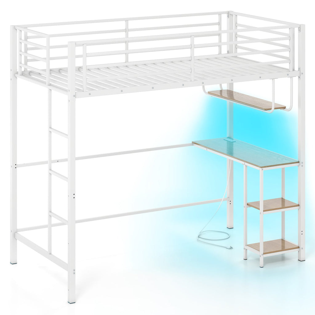 Twin Loft Bed with Desk LED Lights Charging Station Heavy-duty Metal Bed Frame