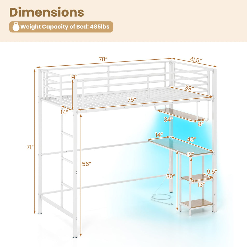 Twin Loft Bed with Desk LED Lights Charging Station Heavy-duty Metal Bed Frame