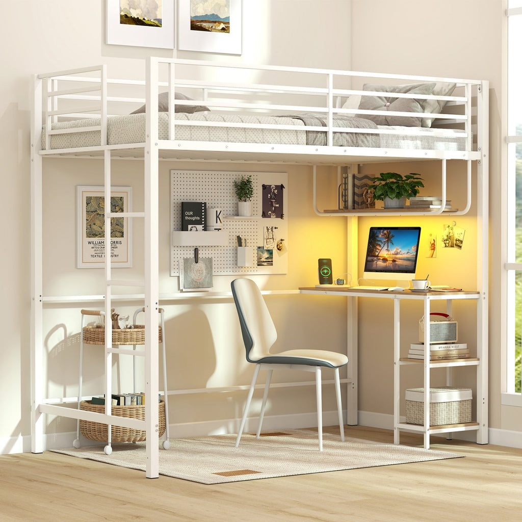 Twin Loft Bed with Desk LED Lights Charging Station Heavy-duty Metal Bed Frame