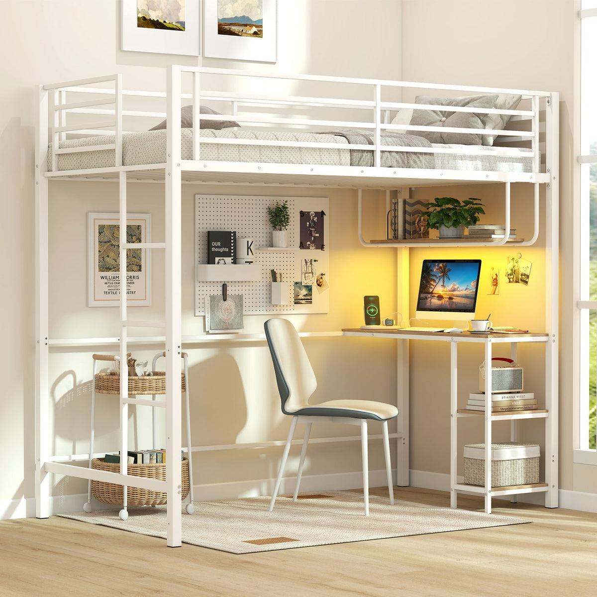 Twin Loft Bed with Desk LED Lights Charging Station Heavy-duty Metal Bed Frame