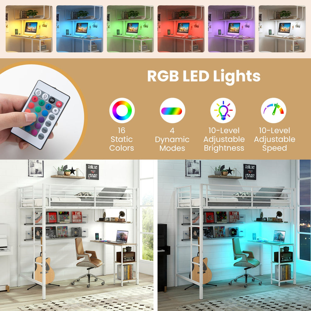 Twin Loft Bed with Desk LED Lights Charging Station Heavy-duty Metal Bed Frame