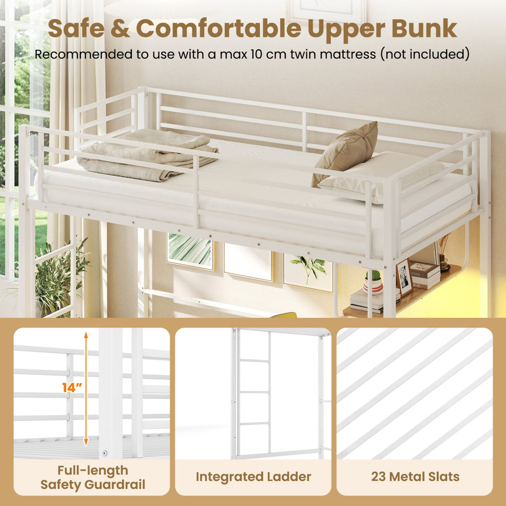 Twin Loft Bed with Desk LED Lights Charging Station Heavy-duty Metal Bed Frame