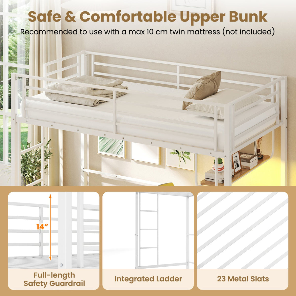 Twin Loft Bed with Desk LED Lights Charging Station Heavy-duty Metal Bed Frame