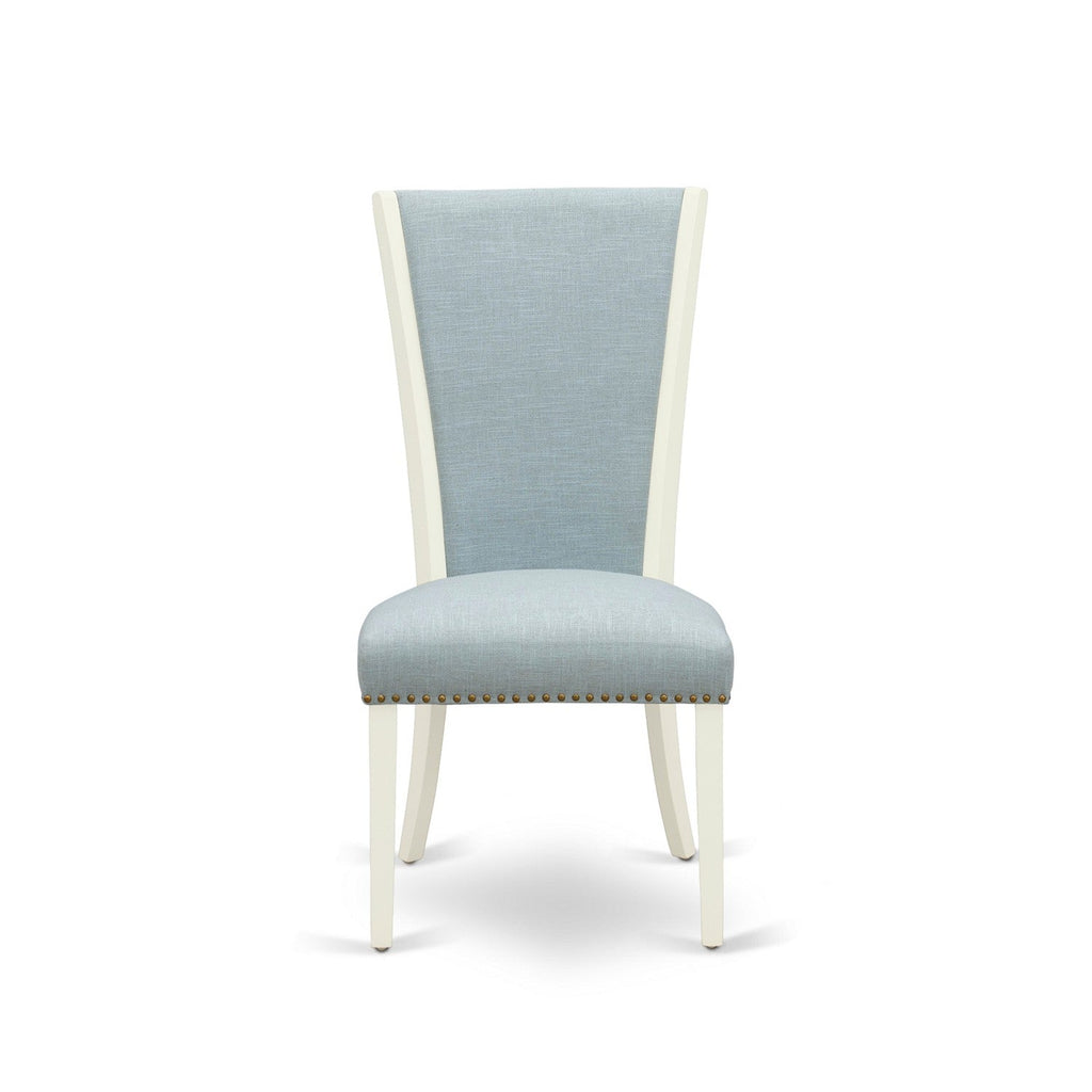 7 Piece Dining Room Set - 6 Baby Blue Linen Chairs with High Back and 1 Oval Dining Table