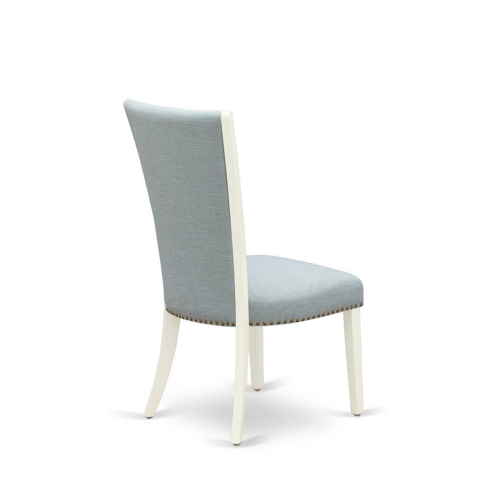 7 Piece Dining Room Set - 6 Baby Blue Linen Chairs with High Back and 1 Oval Dining Table
