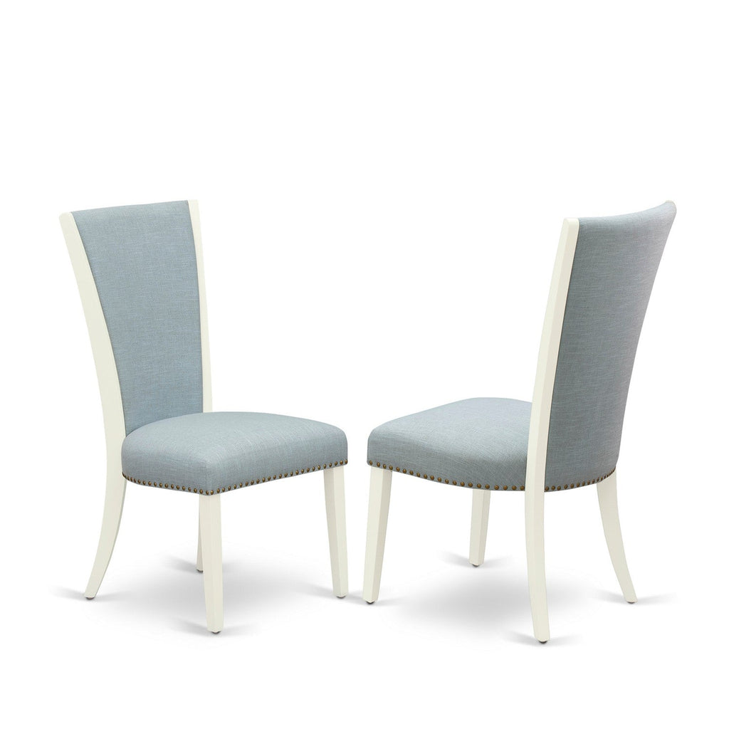 EAST WEST FURNITURE - BOVE3-WHI-15 - 3 Piece Dining Table Set - 2 Baby Blue Linen Fabric Kitchen Chairs with High Back and 1 Modern Rectangular Dining Table - linen white Finish