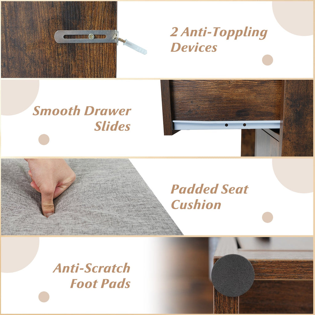 Vanity Desk Makeup Table with Stool 3-Color Lights and Charging Station