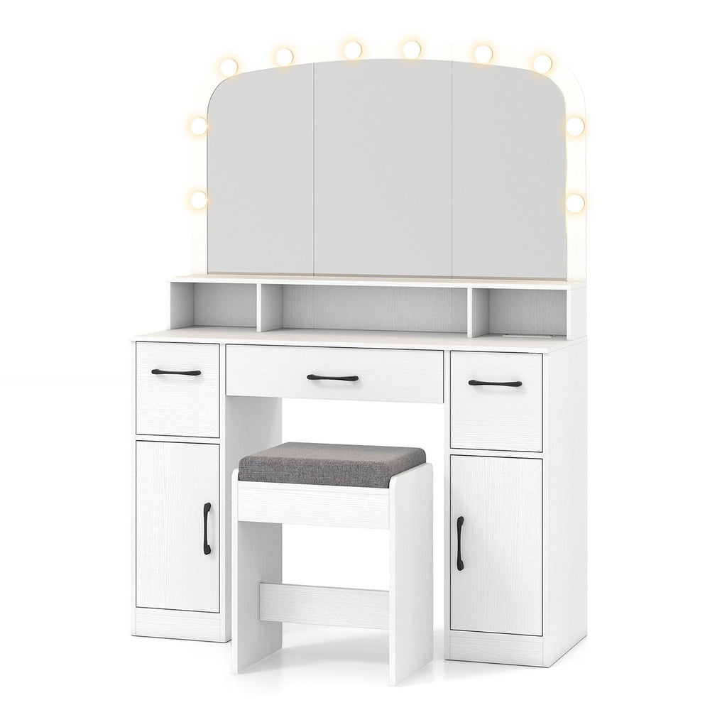 Vanity Desk Makeup Table with Stool 3-Color Lights and Charging Station
