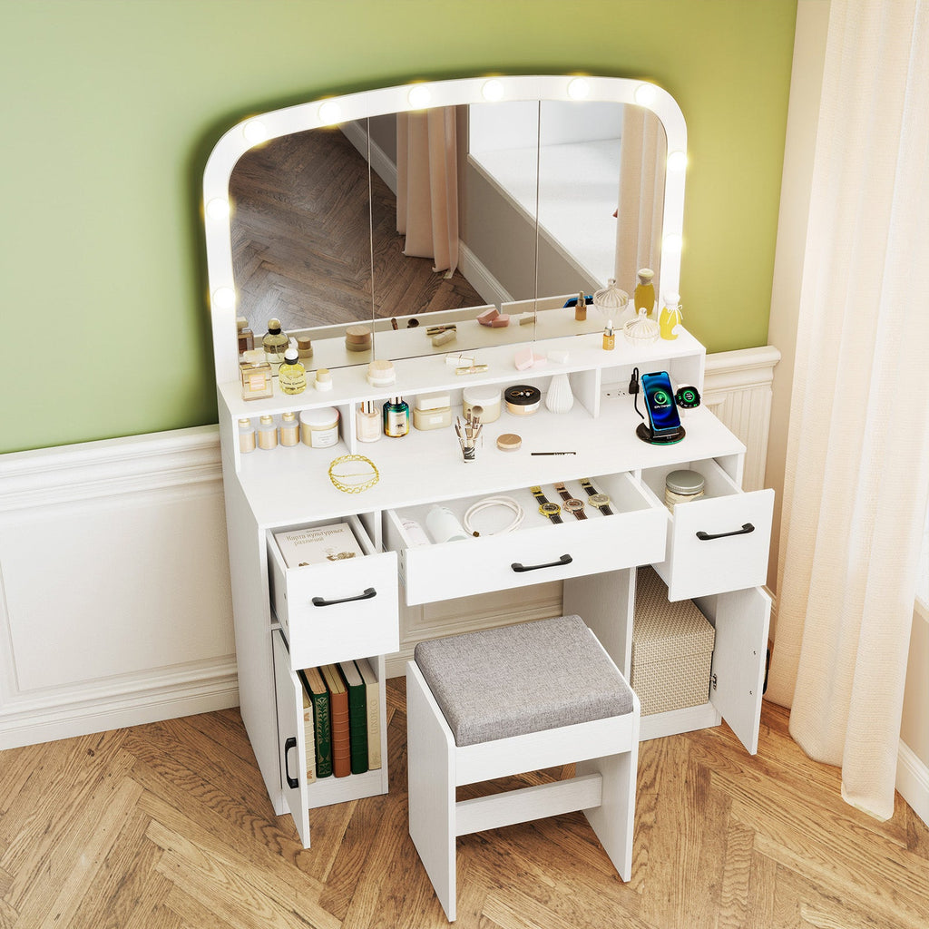 Vanity Desk Makeup Table with Stool 3-Color Lights and Charging Station