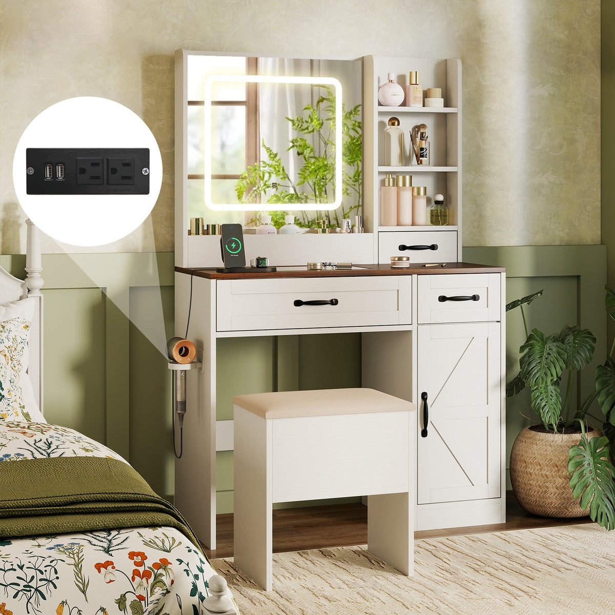 Vanity Desk with Mirror and Lights Farmhouse Makeup Dressing Table-White